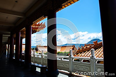 Silhouette at Corridor of Nan Tien Temple with beautiful blue sky view, at Berkeley, New South Wales. Editorial Stock Photo